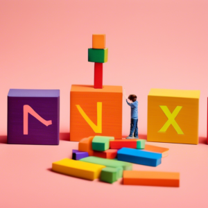 A photo of alphabet blocks spelling out BRAND next to a person building a tower out of colorful blocks.