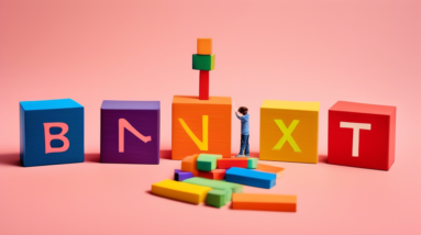 A photo of alphabet blocks spelling out BRAND next to a person building a tower out of colorful blocks.