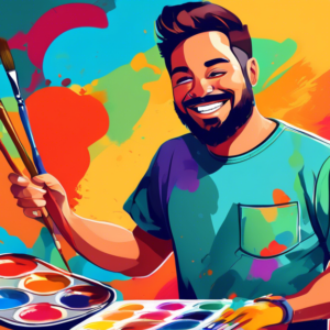 A person wearing a shirt with their own logo, confidently smiling while holding a paintbrush and palette, with a colorful background representing their unique personality.