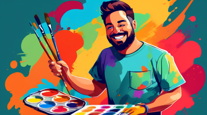 A person wearing a shirt with their own logo, confidently smiling while holding a paintbrush and palette, with a colorful background representing their unique personality.