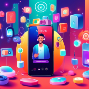 A smartphone broadcasting a live stream with a charismatic person surrounded by products, ring lights, and a subscribe button floating in the air.