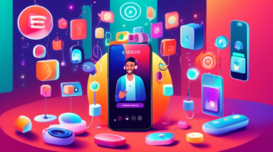 A smartphone broadcasting a live stream with a charismatic person surrounded by products, ring lights, and a subscribe button floating in the air.