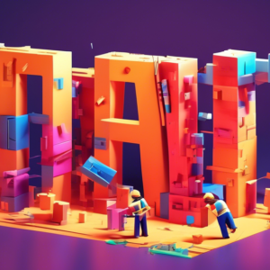 A single person constructing a giant, glowing, 3D version of their name out of blocks, with tools like hammers and blueprints scattered around them.