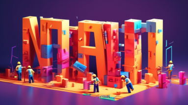 A single person constructing a giant, glowing, 3D version of their name out of blocks, with tools like hammers and blueprints scattered around them.