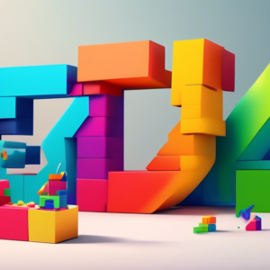 A person constructing a giant, colorful 3D logo of themselves out of building blocks, with 2024 in the background.