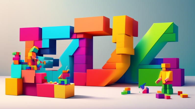 A person constructing a giant, colorful 3D logo of themselves out of building blocks, with 2024 in the background.