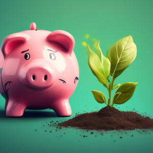 A small seedling growing out of a piggy bank with a hand-painted logo on its leaf.