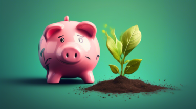 A small seedling growing out of a piggy bank with a hand-painted logo on its leaf.