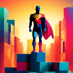 A superhero silhouette with a glowing personal logo on their chest standing triumphantly on a pedestal made of building blocks.