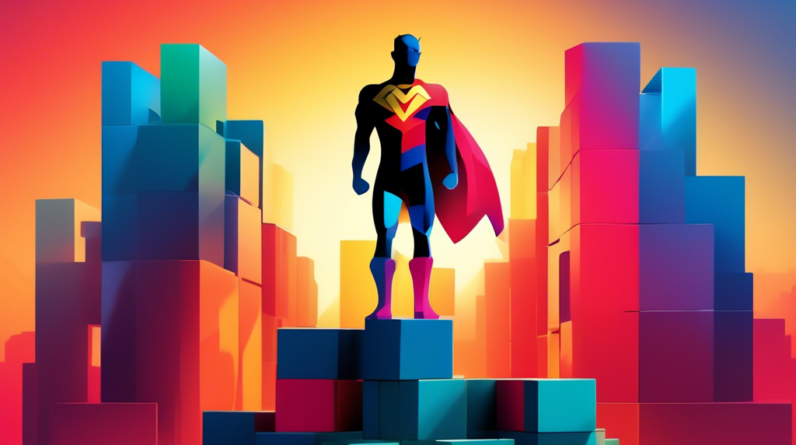 A superhero silhouette with a glowing personal logo on their chest standing triumphantly on a pedestal made of building blocks.