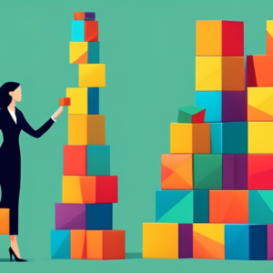 A businesswoman carefully building a tower out of colorful blocks with symbols representing different aspects of personal branding, such as social media, networking, and public speaking.