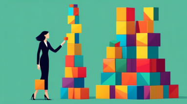 A businesswoman carefully building a tower out of colorful blocks with symbols representing different aspects of personal branding, such as social media, networking, and public speaking.