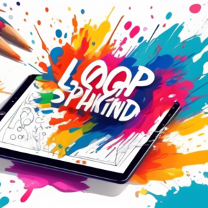 A hand sketching a logo on a tablet, surrounded by colorful design elements like paint splashes, pencils, and typography.