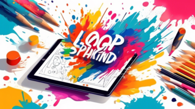 A hand sketching a logo on a tablet, surrounded by colorful design elements like paint splashes, pencils, and typography.