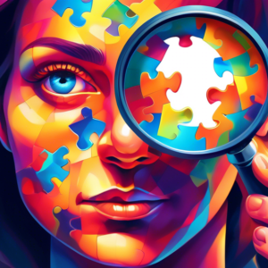 A person made of puzzle pieces holding a magnifying glass up to their face, with a colorful glowing aura surrounding them.