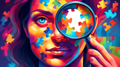 A person made of puzzle pieces holding a magnifying glass up to their face, with a colorful glowing aura surrounding them.