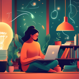 A glowing lightbulb inside a cozy, minimalist room, with a single person comfortably working on a laptop, surrounded by books and plants, Introvert's Guide to Personal Branding written in elegant font