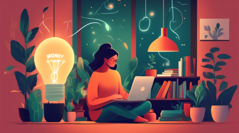 A glowing lightbulb inside a cozy, minimalist room, with a single person comfortably working on a laptop, surrounded by books and plants, Introvert's Guide to Personal Branding written in elegant font