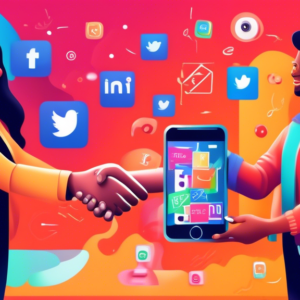 A handshake between a person with a brand stamp and an influencer holding a smartphone, surrounded by floating social media icons and product packages.