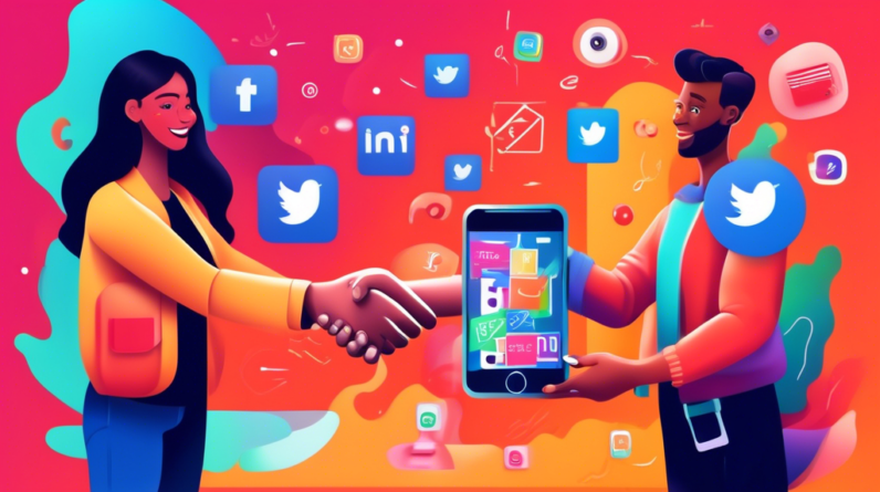 A handshake between a person with a brand stamp and an influencer holding a smartphone, surrounded by floating social media icons and product packages.