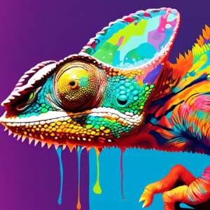 A chameleon shedding its skin, transforming into a vibrant, new version of itself with a paintbrush in its hand.