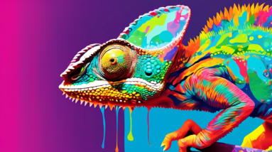 A chameleon shedding its skin, transforming into a vibrant, new version of itself with a paintbrush in its hand.