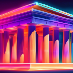 A sturdy Greek temple with four thick columns, representing the 4 pillars of a strong brand, with a glowing brand logo floating above it.