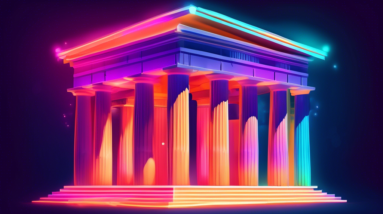 A sturdy Greek temple with four thick columns, representing the 4 pillars of a strong brand, with a glowing brand logo floating above it.