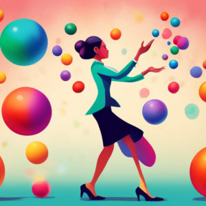 A businesswoman juggling five colorful spheres, each with a single letter on it: C C C C C