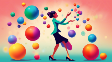 A businesswoman juggling five colorful spheres, each with a single letter on it: C C C C C